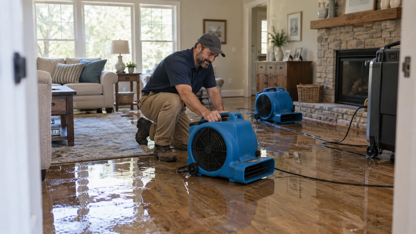 Water damage restoration technician drying a flooded living room in Austin